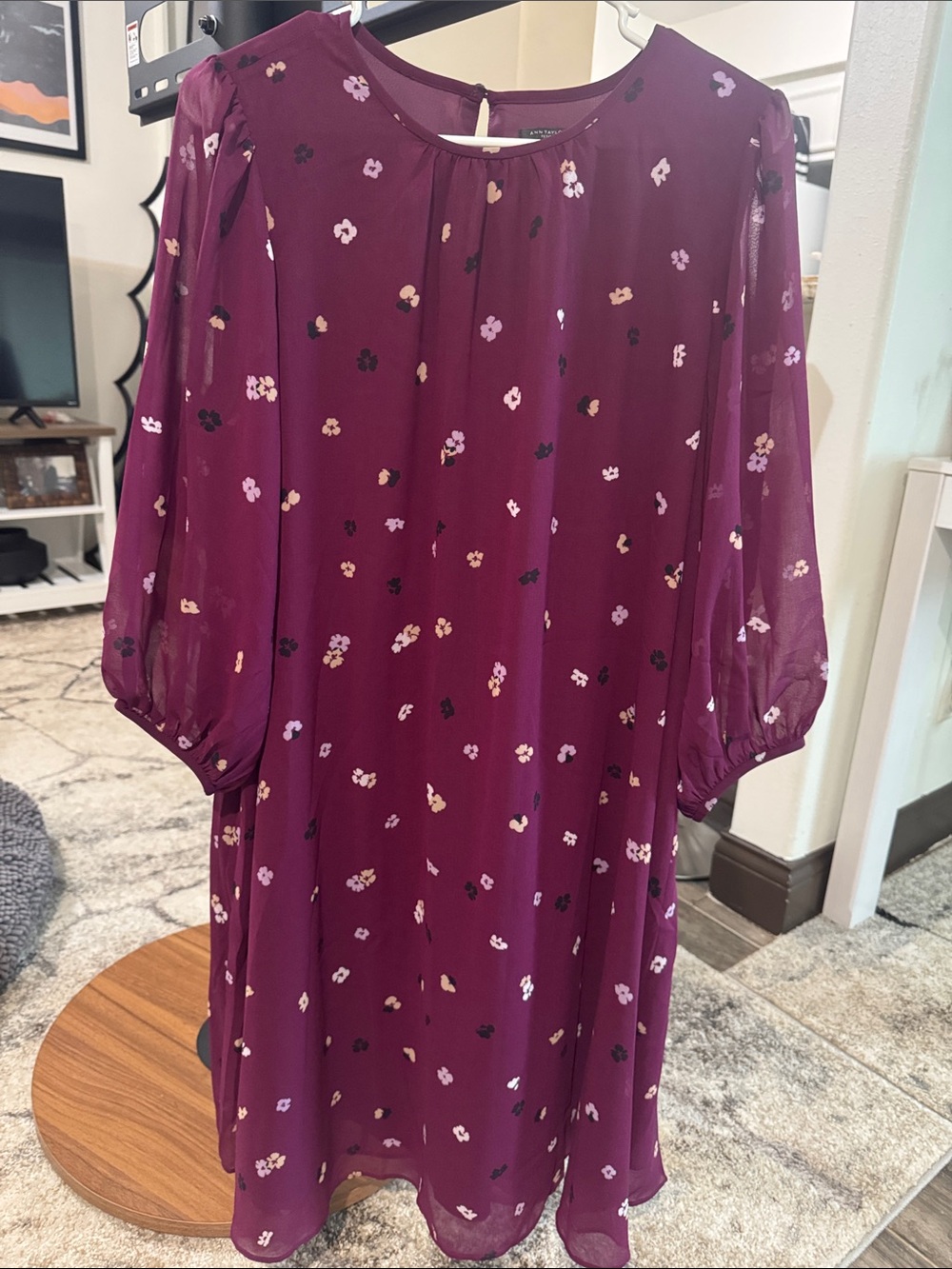 Ann Taylor Plum Floral Long-Sleeve Chiffon Dress